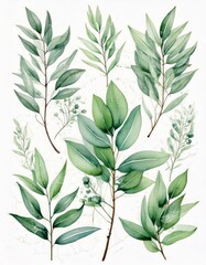 Fototapeta premium Watercolor floral illustration set - green leaf branches collection, for wedding stationary, greetings, wallpapers, fashion, background. Eucalyptus, olive, green leaves, etc.