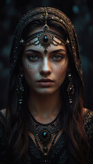 Mysterious woman in dark, ornate jewelry and headwear.  Intricate details and dramatic lighting create a captivating portrait.