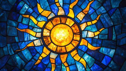 Vibrant stained glass window featuring radiant sun design, showcasing intricate patterns in shades of blue, yellow, and orange. artwork creates joyful and uplifting atmosphere. Sunburst. Illustration