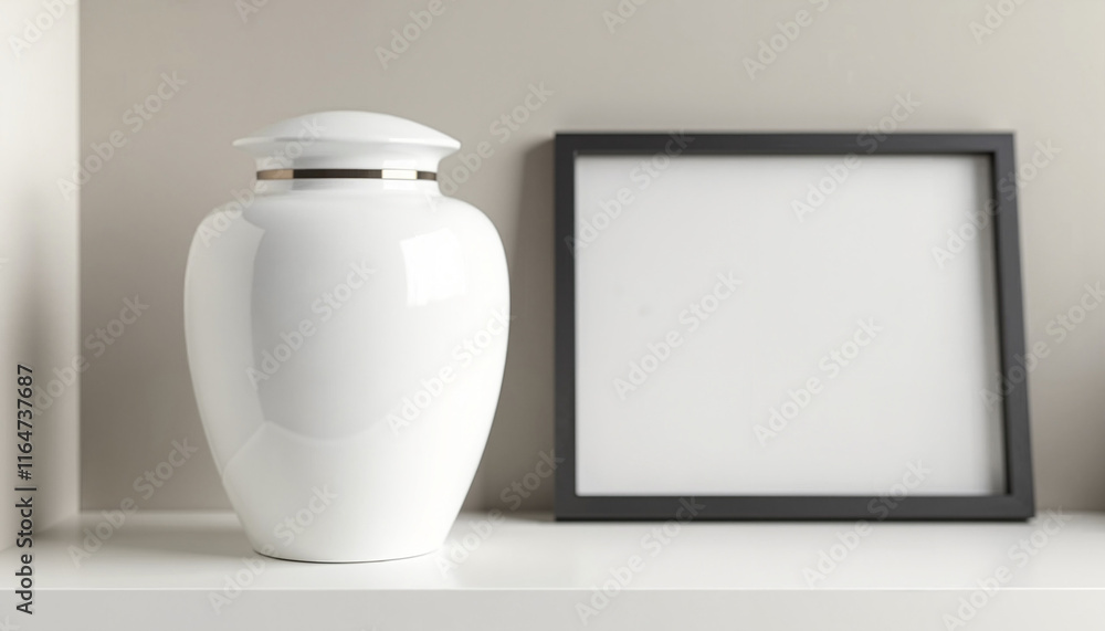 Poster white urn with blank frame on shelf against neutral background