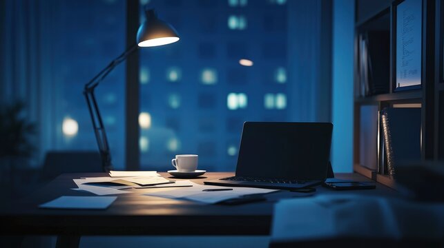 landscape image of a lonely office desk on Blue Monday, with a single cup of coffee, a laptop, and scattered papers. Blue monday.