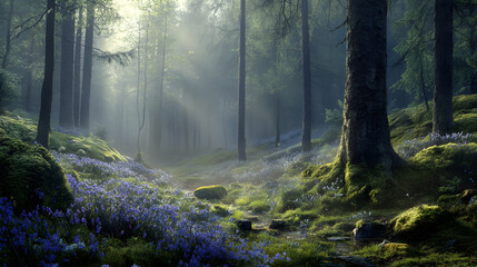 Obraz premium Enchanted Woodland Symphony: A Morning Mist Fragrance Experience Through Nature's Essence