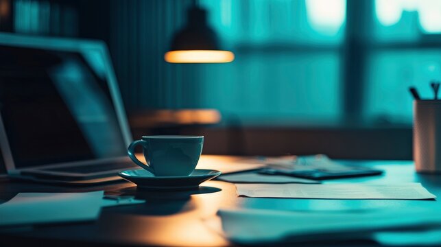 landscape image of a lonely office desk on Blue Monday, with a single cup of coffee, a laptop, and scattered papers. Blue monday.