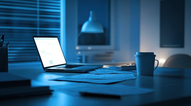 landscape image of a lonely office desk on Blue Monday, with a single cup of coffee, a laptop, and scattered papers. Blue monday.