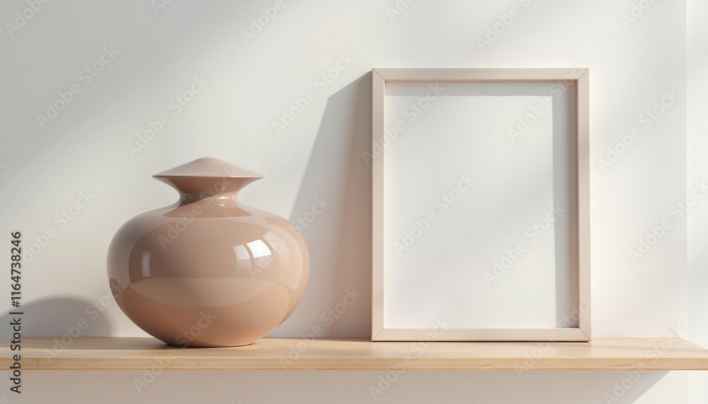 Poster stylish vase on wooden shelf with empty frame