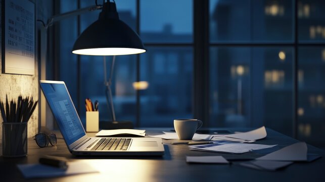 landscape image of a lonely office desk on Blue Monday, with a single cup of coffee, a laptop, and scattered papers. Blue monday.