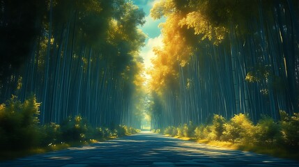 Sunlit Path Through A Serene Bamboo Forest