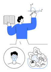 Man examines graph with book. Face recognition, healthy food bowl below. Ideal for education, data analysis, AI, health, nutrition, personal growth abstract line flat metaphor