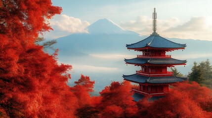 Obraz premium Autumnal Pagoda and Majestic Mount Fuji Landscape