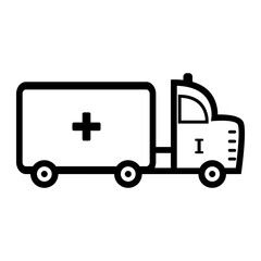 The ambulance is modern and simple, depicting an emergency vehicle with clear medical symbols. Minimalist design with firm lines and black.