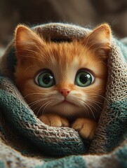 An adorable ginger kitten peeking out from a soft cozy blanket. Ideal for social media posts greeting cards or phone backgrounds.