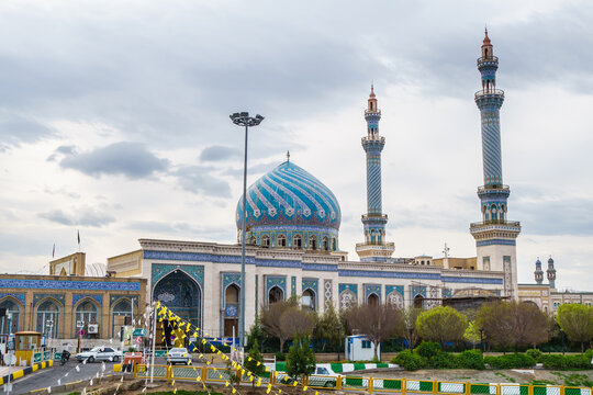 Panoramic view from the street to the Imam Hassan al-Askari Mosque. This mosque was founded in the 9th century. Shot in Qom, Iran