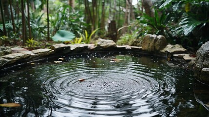Naklejka premium Tranquil Pond in Lush Garden: Serene Water Ripples Reflecting Nature's Peace