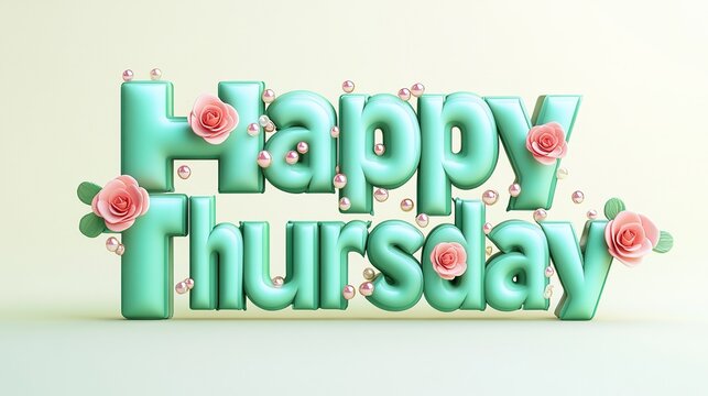 3D rendered "Happy Thursday" text with pastel roses and pearls.