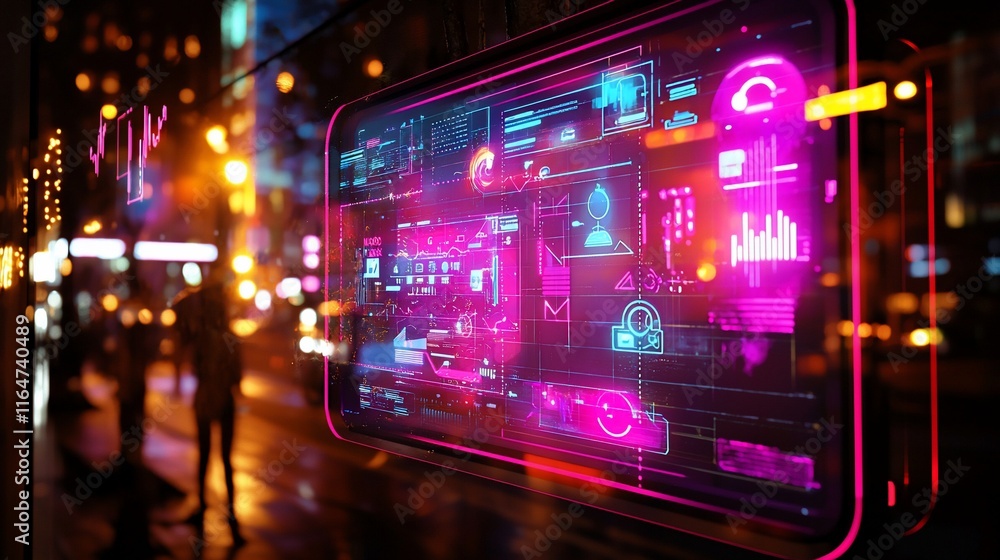 Aufkleber Futuristic digital interface display showing data analytics at night.