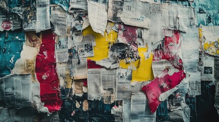 Fototapeta premium A collage of torn newspaper clippings in various colors, creating an abstract urban texture.