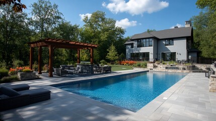 Fototapeta premium Luxury Backyard Oasis: Swimming Pool, Pergola, and Modern Home