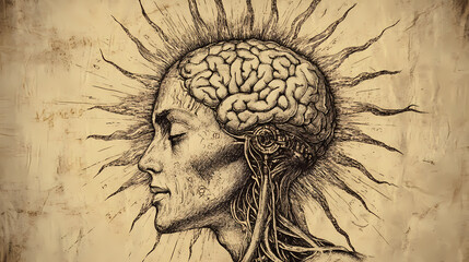 Fototapeta premium There is a drawing of a brain with a sunburst on it. Sunburst. Illustration