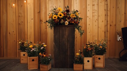 Rustic Autumn Floral Arrangement Against Wooden Wall