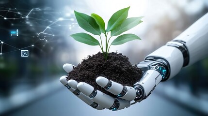 Futuristic Robot Hand Growing Plant from Soil AI Technology and Sustainability Focus