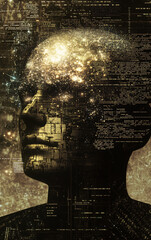 Futuristic Digital Illustration of a Human Profile with Neural and Cosmic Patterns, Highlighting Artificial Intelligence, Consciousness, and Technological Innovation