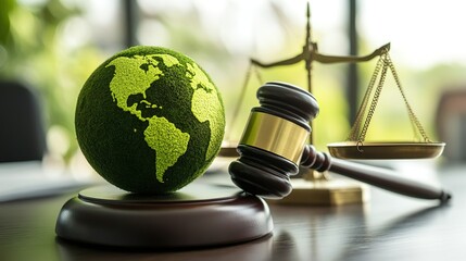 Wooden Gavel and Justice Scales with Moss Symbolizing Environmental Legal System