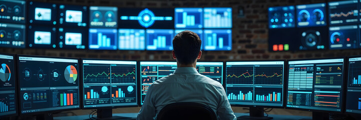 Technical Controller Working at His Workstation with Multiple Displays. Displays Show Various Technical Information. He's Alone in System Control Center.