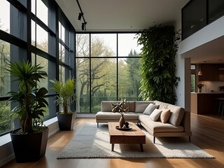 Modern Living Room with Floor-to-Ceiling Windows, Lush Plant Decor, Minimalist Furniture, and a Natural Aesthetic