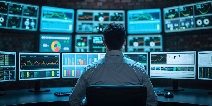 Technical Controller Working at His Workstation with Multiple Displays. Displays Show Various Technical Information. He's Alone in System Control Center.