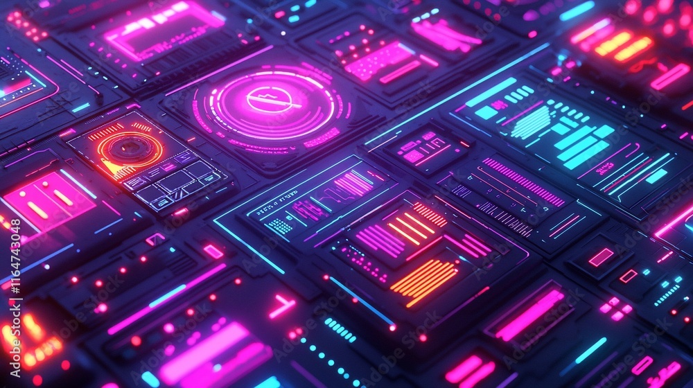 Poster futuristic neon interface with glowing digital displays and panels.