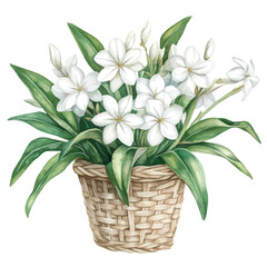 A watercolor painting of a tuberose bouquet in a basket, isolated on a white background. Tuberose vector.
