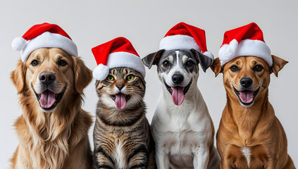 "Adorable Christmas Animals in Santa Hats: Cute Pets, Festive Holiday Decorations, Heartwarming Winter Scenes, Fluffy Kittens, Cozy Puppies, Fun Holiday Costumes, Seasonal Pet Photos, Santa-Clad Pets,