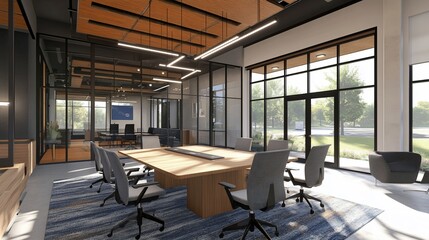 Modern Office Conference Room Design: Sunlight Streaming Through Large Windows