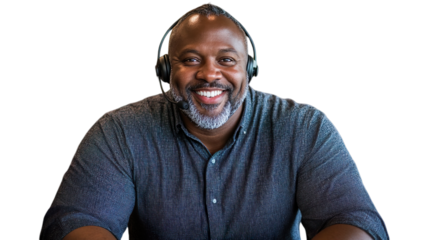 Happy Call Center Professional Wearing Headset on Transparent Background 