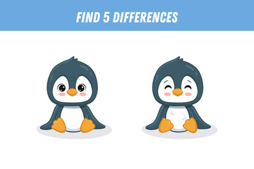Find 5 differences between two pictures of cute penguin. Cartoon animal. Educational logical game for children. Vector illustration