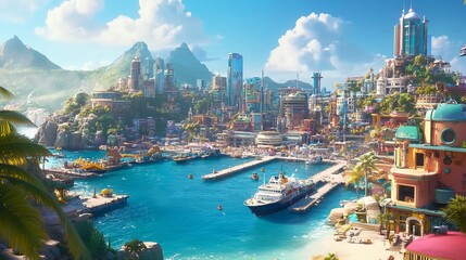 Obraz premium Vibrant Tropical Cityscape: A Coastal Metropolis Nestled Among Lush Mountains