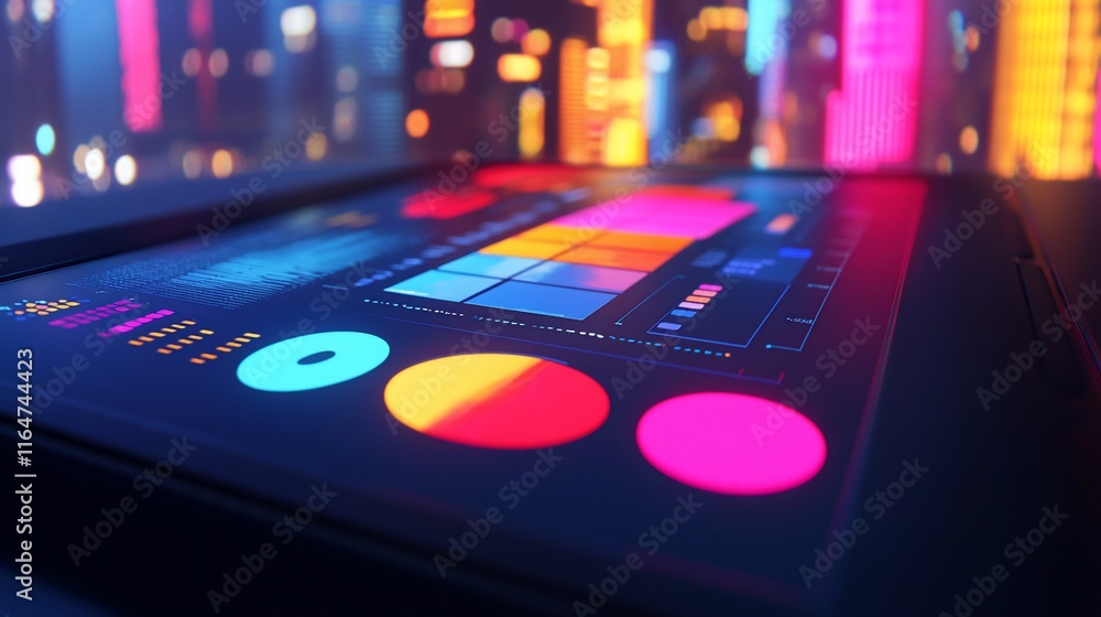 Poster Futuristic interface with vibrant color blocks displayed on a digital device against a blurred city backdrop.