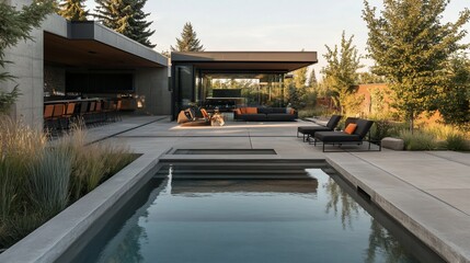 Fototapeta premium Modern Luxury Backyard Oasis: Concrete Pool, Lounge Area, and Architectural Design