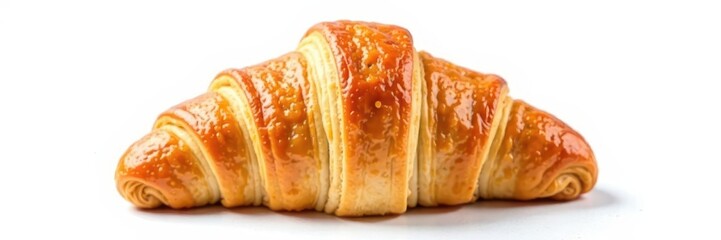 Freshly baked croissant with flaky texture on white background, flaky texture, baked goods