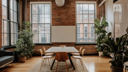 Obraz premium Modern Loft Office Meeting Room with Large Windows and Plants