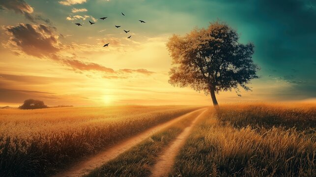 A tree stands in a field with a road running next to it
