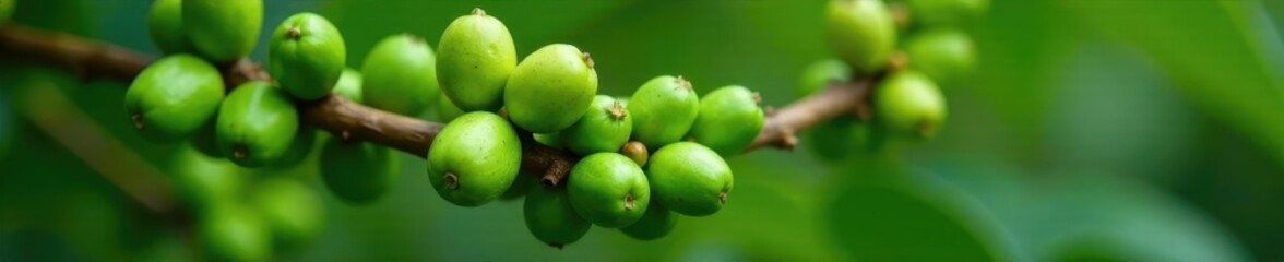 Green coffee beans clustered on a branch of a mature coffee tree branches, foliage, lush