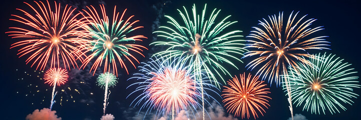 Fototapeta premium Stunning Fireworks at Night: Vibrant Fireworks Display, Colorful Explosions in the Sky, New Year's Eve Fireworks, Nighttime Celebrations, Festive Fireworks Show, Holiday Fireworks, Sparkling Fireworks