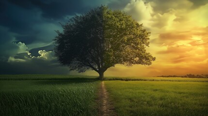 Obraz premium A tree is shown in two different colors, one side is green