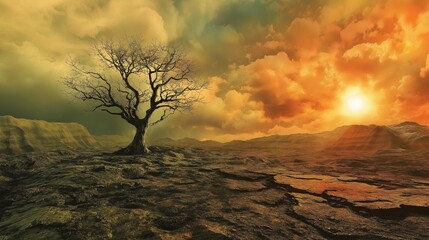 A tree stands alone in a barren desert landscape