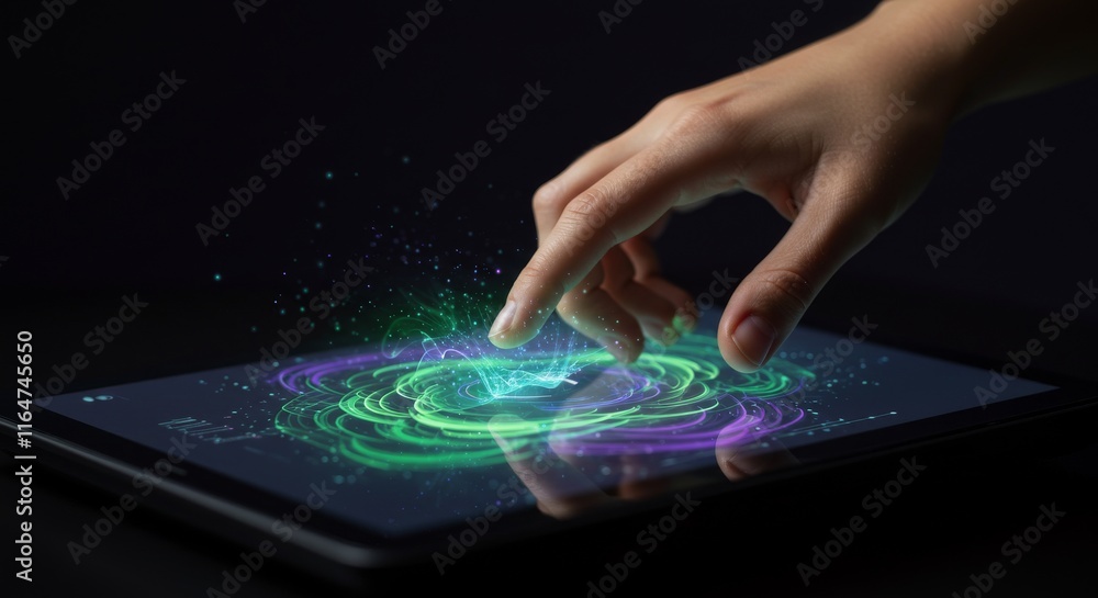 Poster interactive touch screen with vibrant holographic display in dark background