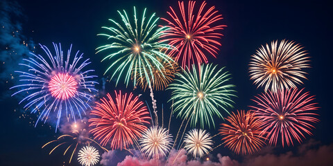 Fototapeta premium Stunning Fireworks at Night: Vibrant Fireworks Display, Colorful Explosions in the Sky, New Year's Eve Fireworks, Nighttime Celebrations, Festive Fireworks Show, Holiday Fireworks, Sparkling Fireworks