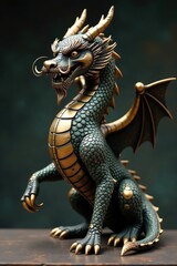 Fototapeta premium Majestic bronze dragon statue, clawed feet and flowing whiskers , guardian, imposing, fortune