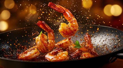 Crispy prawns frying on a pan, food  action photography