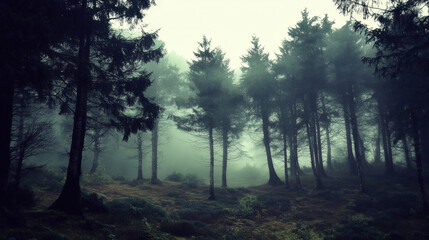 Misty landscape with mountains and dark moody fir forest in hipster vintage retro style